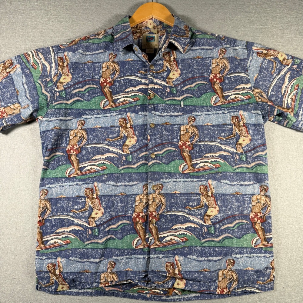 Kahala AVI‎ Collection Mens Large Blue Surfing Hawaiian Shirt Cotton Made Hawaii
